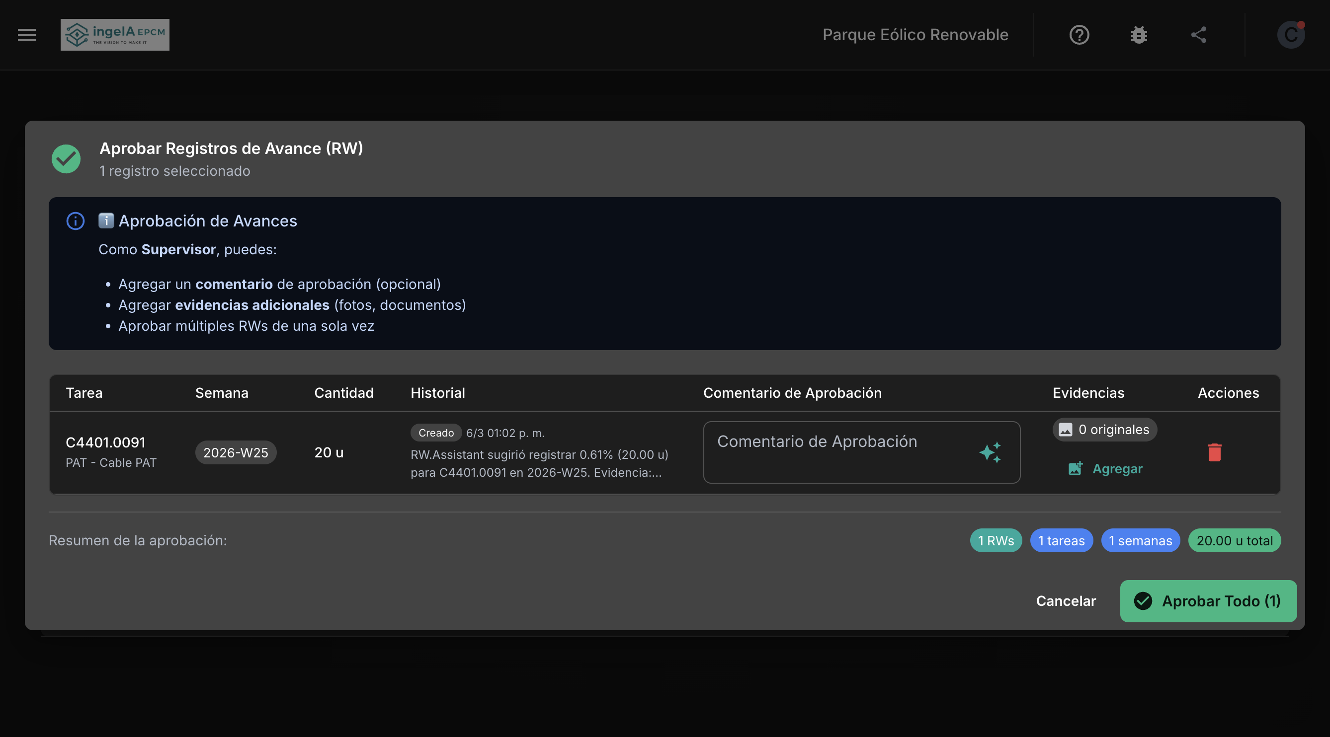 Flujo de aprobación de certificado con botones aprobar/rechazar