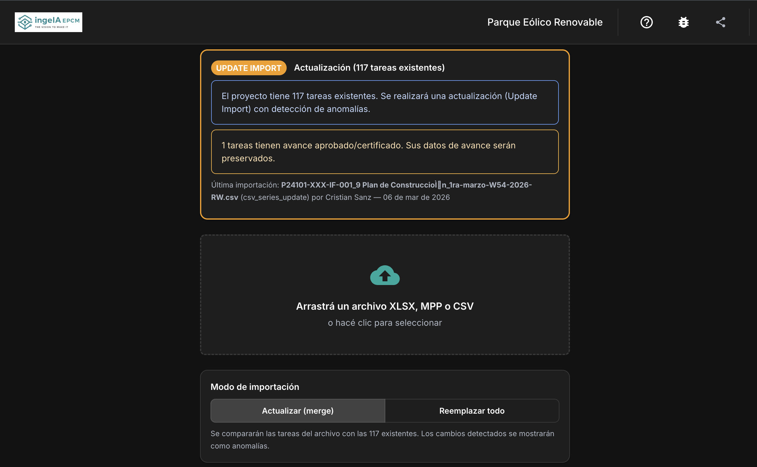 Pantalla de importación WBS desde Excel con detección automática de columnas